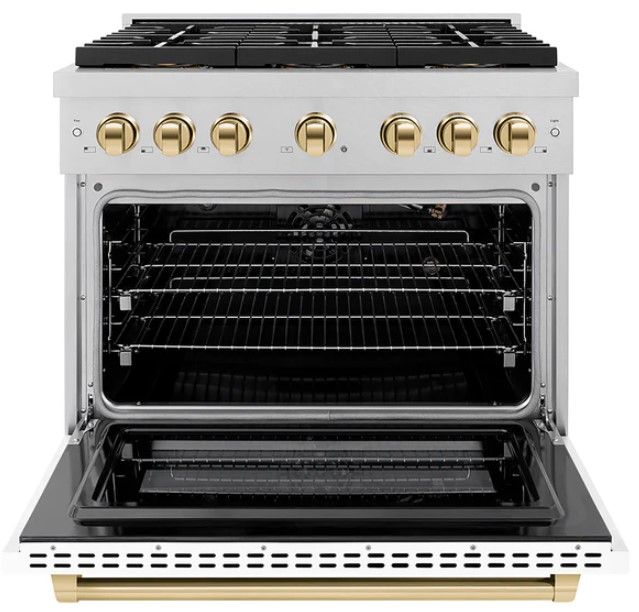 ZLINE Autograph Edition Paramount 36" 5.2 Cu. Ft. Satin Stainless Steel Gas Range with 6 Burner DuoPro™ Cooktop, Convection Gas Oven, White Matte Door and Polished Gold Accents-1