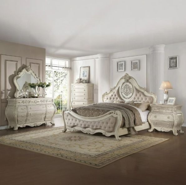 ACME Furniture Ragenardus Antique White/Beige Queen Upholstered Panel Bed-1