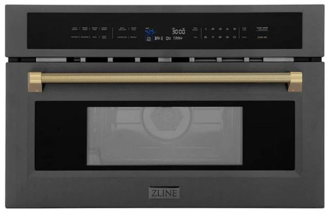 ZLINE Autograph Edition 30" 1.6 Cu. Ft. Black Stainless Steel Built-in Convection Microwave Oven with Champagne Bronze Helix Handle-0