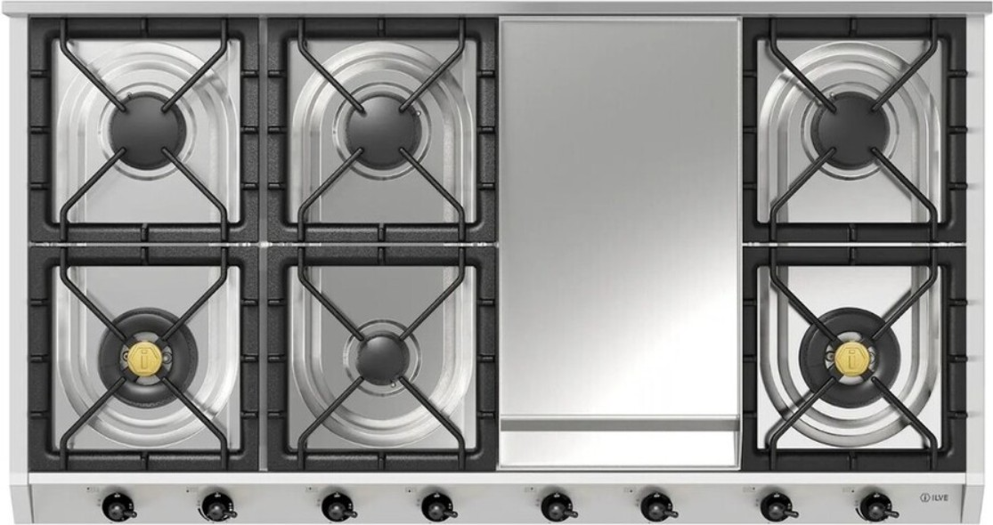 Ilve Nostalgie II 48” Stainless Steel Gas Cooktop with 8 Burners, Griddle and Burnished Trim