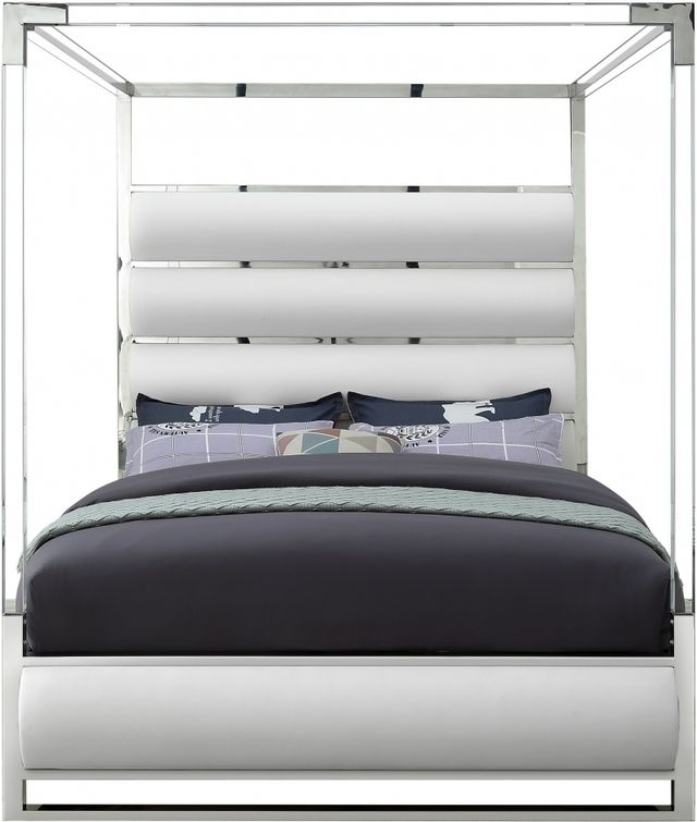 Meridian Furniture Encore White Queen Vegan Leather Upholstered Canopy Bed-1