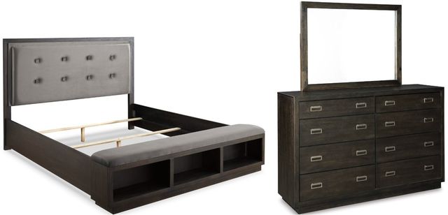 Signature Design by Ashley® Hyndell 3-Piece Dark Brown King Upholstered Panel Bed Set-0
