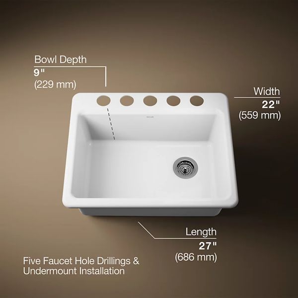 KOHLER® Riverby® White 27" Undermount Single-Bowl Kitchen Sink-3