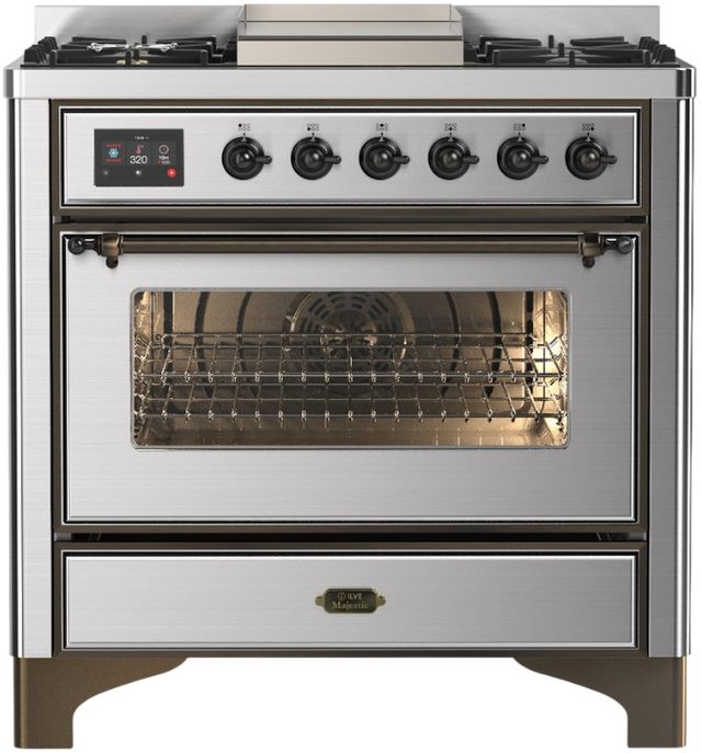 Ilve® Majestic III 36'' Stainless Steel Pro Style Dual Fuel Natural Gas Range with Triple Glass Door and Chrome Trim-0