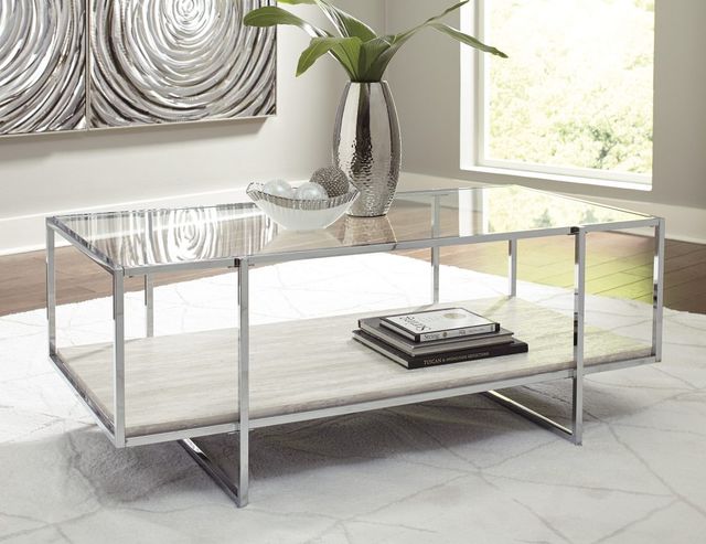Signature Design by Ashley® Bodalli Glass Top Coffee Table with Chrome Metal Frame and Off White Shelf-4