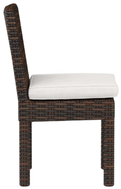 Sunset West Montecito Cognac Resin Wicker Outdoor Dining Side Chair with Canvas Flax Cushion-1