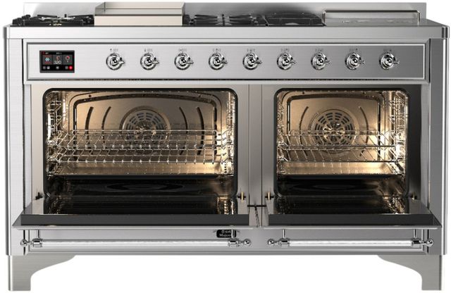 Ilve® Majestic III 60'' Stainless Steel Pro Style Dual Fuel Natural Gas Range with Solid Door and Chrome Trim-2