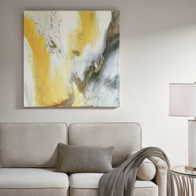 Olliix by Madison Park Blissful Yellow Abstract Gel Coat Canvas with Silver Foil Embellishment-3