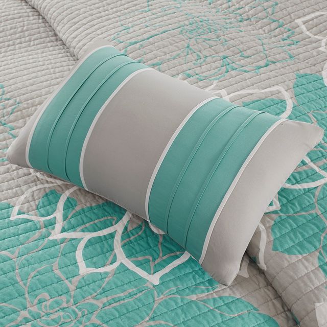 Olliix by Madison Park 6 Piece Aqua Full/Queen Lola Reversible Cotton Printed Coverlet Set-2