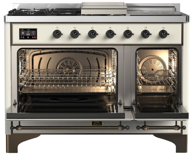 Ilve® Majestic III 48" Antiqued White Pro Style Dual Fuel Liquid Propane Range with Triple Glass Door and Burnished Trim-1
