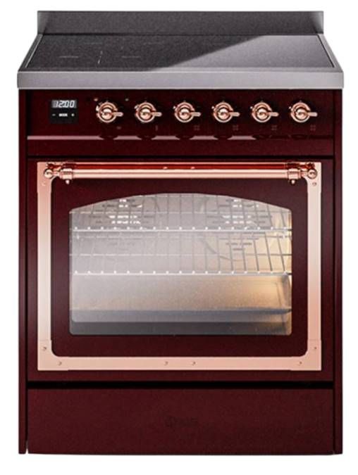Ilve® Nostalgie II Noblesse 30'' Burgundy Pro Style Induction Range with Copper Trim-0