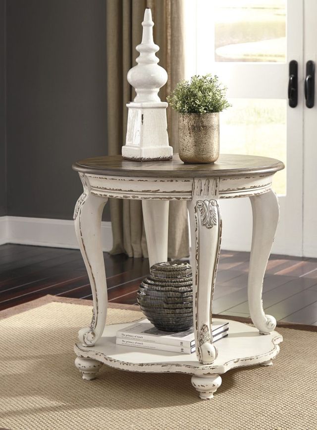 Signature Design by Ashley® Realyn Distressed Wood Round End Table with Chipped White Base-3
