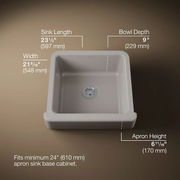 KOHLER® Whitehaven® Truffle 24" Undermount Single-Bowl Farmhouse Kitchen Sink with Short Apron-2