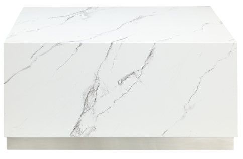Mazin Furniture Astraia White Faux Marble Large Cube Coffee Table with Brushed Nickel Base-1