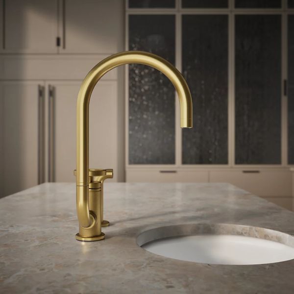 KOHLER® Billet® Vibrant Brushed Moderne Brass 16" Single Round-Handle Bar Sink Faucet with 2-Function Extended-Reach Spout and Side Sprayer-4