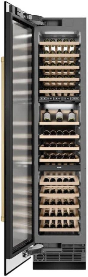 ZLINE Autograph Edition 18" 9.0 Cu. Ft. Triple Zone 68 Bottle Left Hinge Column Wine Cooler in Black Stainless Steel with Champagne Bronze Accents-1