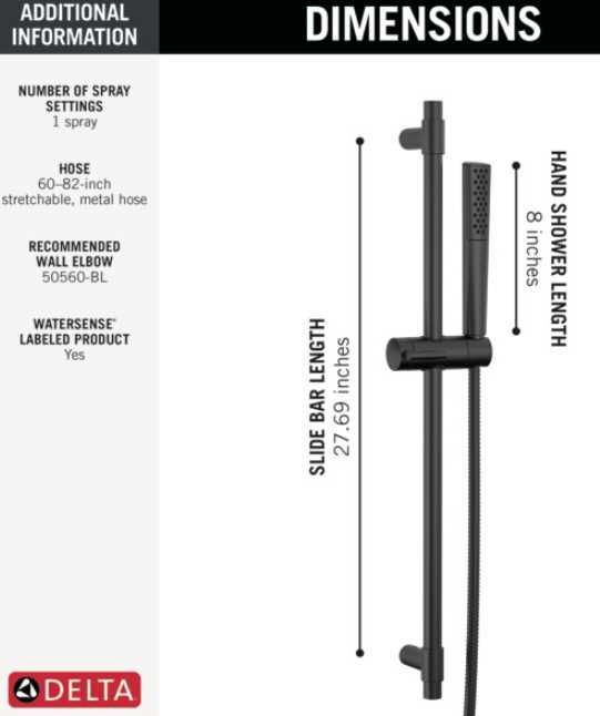 Delta Universal Showering Matte Black Premium Single-Setting Slide Bar Hand Shower-3