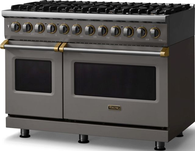 Viking® 5 Series 48" Damascus Gray Pro Style Dual Fuel (NG) Range with Brushed Brass Trim-3