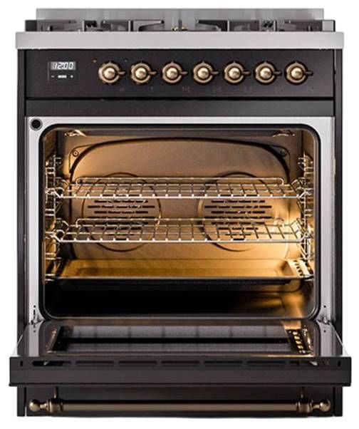 Ilve® Nostalgie II Noblesse 30" Glossy Black Pro Style Dual Fuel Range with Burnished Trim-3