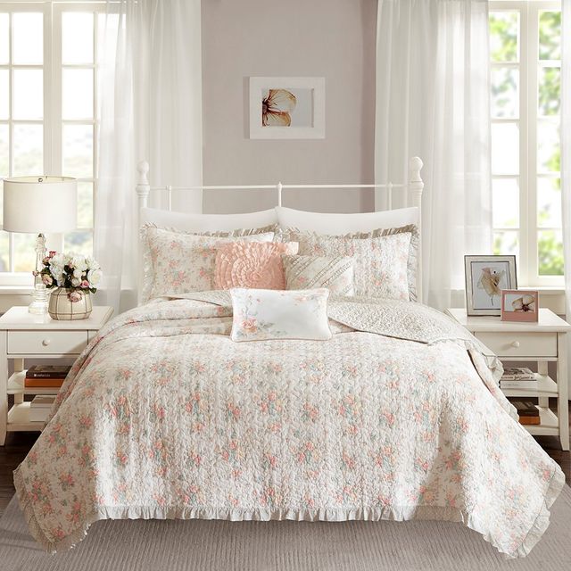 Olliix by Madison Park Coral King/California King Serendipity Cotton Percale Reversible Coverlet Set-1