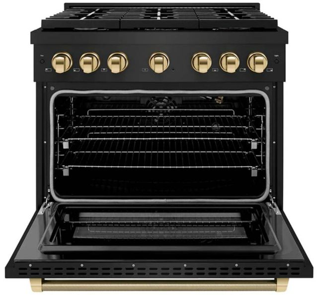 ZLINE Autograph Edition Paramount 36" Black Stainless Steel/Polished Gold Helix Handle Freestanding Gas Range with 6 Burner Cooktop and Convection Gas Oven-1