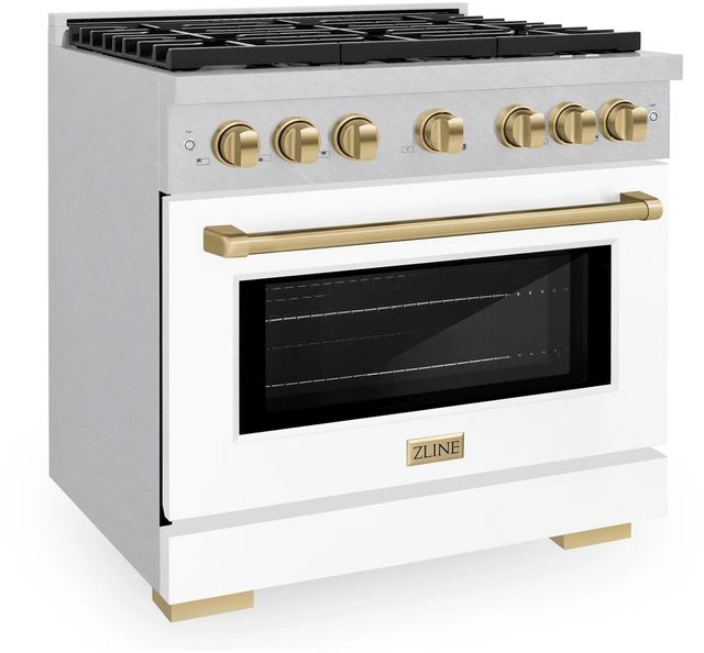ZLINE Autograph Edition Paramount 36" Satin Stainless Steel Pro Style Dual Fuel Range with White Matte Door and Champagne Bronze Accents-2