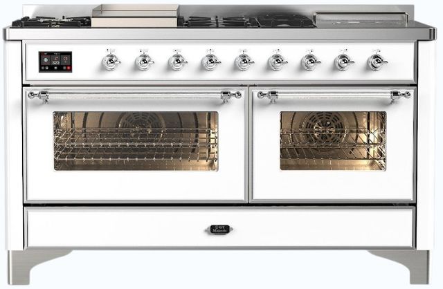 Ilve® Majestic III 60" White Pro Style Dual Fuel Natural Gas Range with French Top and Chrome Trim-0