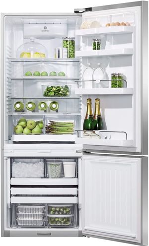 front view of the opened Fisher & Paykel Series 7 13.4 Cu. Ft. Stainless Steel Bottom Freezer Refrigerator