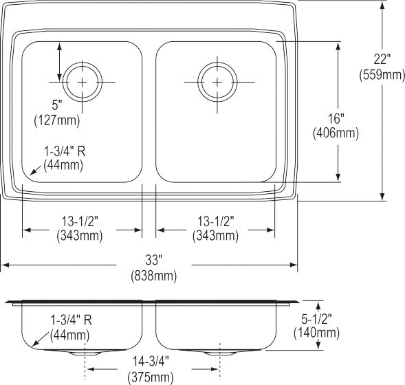 Elkay Lustertone® Classic Lustrous Satin 33" x 22" x 5-1/2" MR2-Hole Equal Double Bowl Drop-In ADA Sink-2