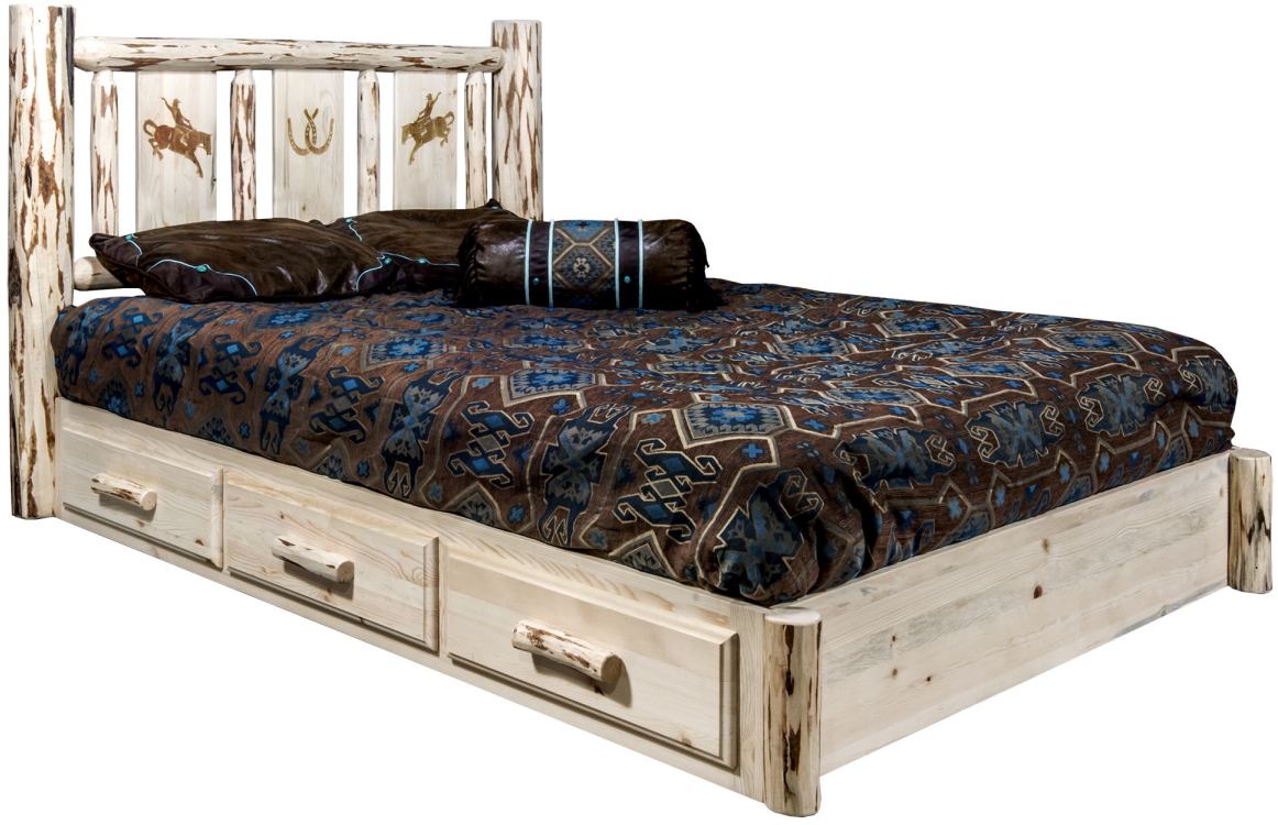 Montana Woodworks® Montana Collection Ready to Finish California King Platform Storage Bed with Laser Engraved Bronc Design