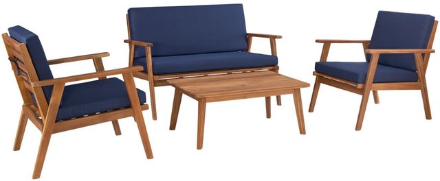 Linon Cosgrove 4-Piece Blue/Walnut Fabric/Wooden Outdoor Chat Table Set-0