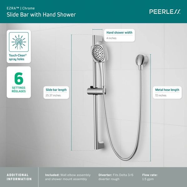 Peerless Ezra® Chrome Slide Bar with Hand Shower-3