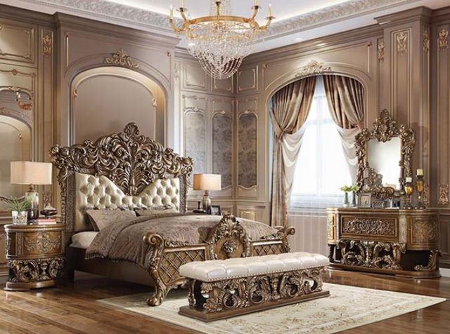 ACME Furniture Constantine Brown/Light Gold Eastern King Upholstered Panel Bed-1