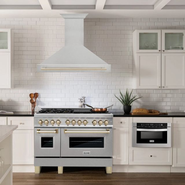 ZLINE Autograph Edition 48" Satin Stainless Steel Wall Mounted Range Hood with Champagne Bronze Handle-1