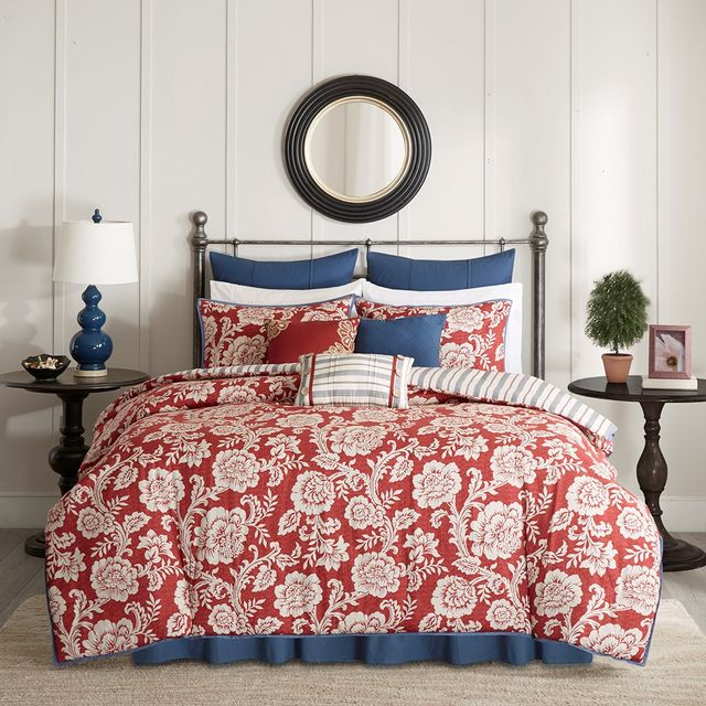 Olliix by Madison Park 9 Piece Red King Lucy Cotton Twill Reversible Duvet Set-1