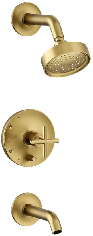 KOHLER® Purist® Rite-Temp® Vibrant Brushed Moderne Brass 2.5 GPM Bath and Shower Trim Kit with Push-Button Diverter and Cross Handle-0