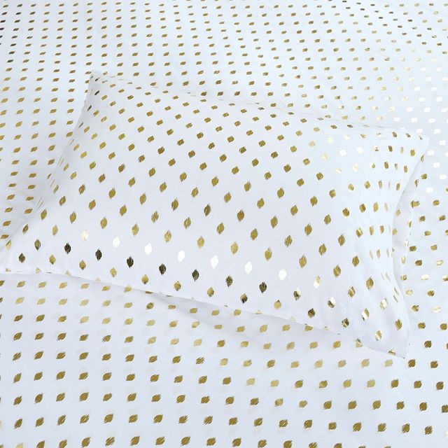 Olliix by Intelligent Design White/Gold Queen Metallic Dot Printed Sheet Set-2