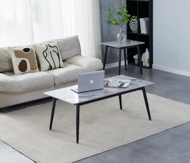 Mazin Furniture Salerno White Sintered Stone Top Coffee Table with Black Metal Legs-3