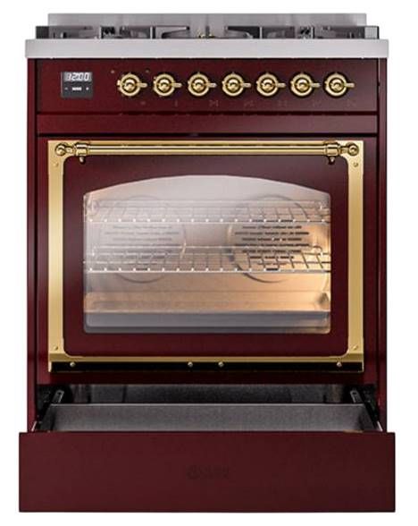 Ilve® Nostalgie II Noblesse 30" Burgundy Pro Style Dual Fuel Range with Brass Trim-3