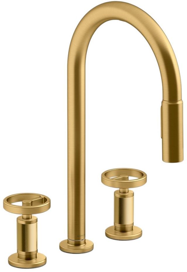 KOHLER® Billet® Vibrant Brushed Moderne Brass Touchless Kitchen Sink Faucet with 2-Function Sprayhead and Round Handles-0