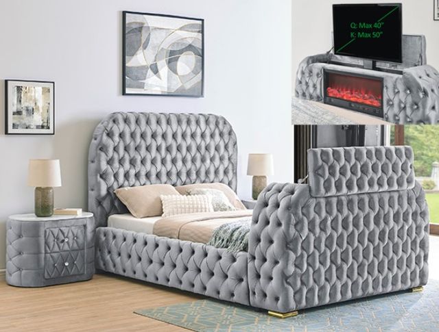 Crown Mark Natalia Gray Queen Upholstered Panel Bed with Fireplace and  TV Lift-2
