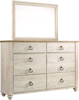 Front view of the Signature Design by Ashley® Willowton Whitewash Dresser and Mirror