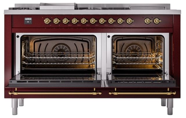 Ilve® Nostalgie II Noblesse 60'' Burgundy Pro Style Dual Fuel Range with Brass Trim-2