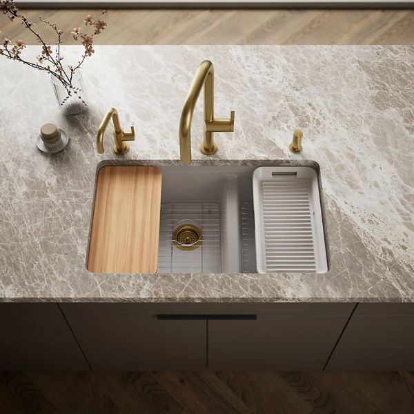 KOHLER® Riverby® Truffle 33" Undermount Double-Bowl Workstation Kitchen Sink with Accessories-1