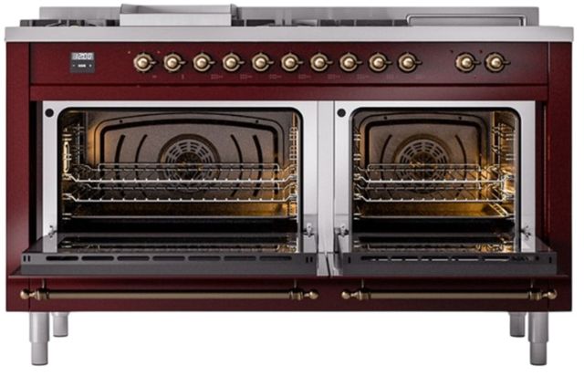 Ilve® Nostalgie II Noblesse 60'' Burgundy Pro Style Dual Fuel Range with Burnished Trim-2