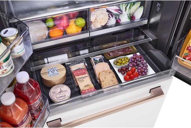 Front view of the LG Studio french door refrigerator storage system