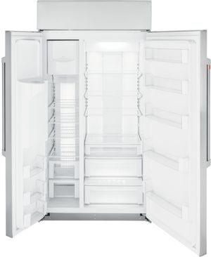 front view of the opened Café™ 42 in. 24.5 Cu. Ft. Stainless Steel Built In Counter Depth Side-by-Side Refrigerator