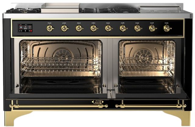 Ilve® Majestic III 60" Glossy Black Pro Style Dual Fuel Liquid Propane Range with Griddle and Brass Trim-1