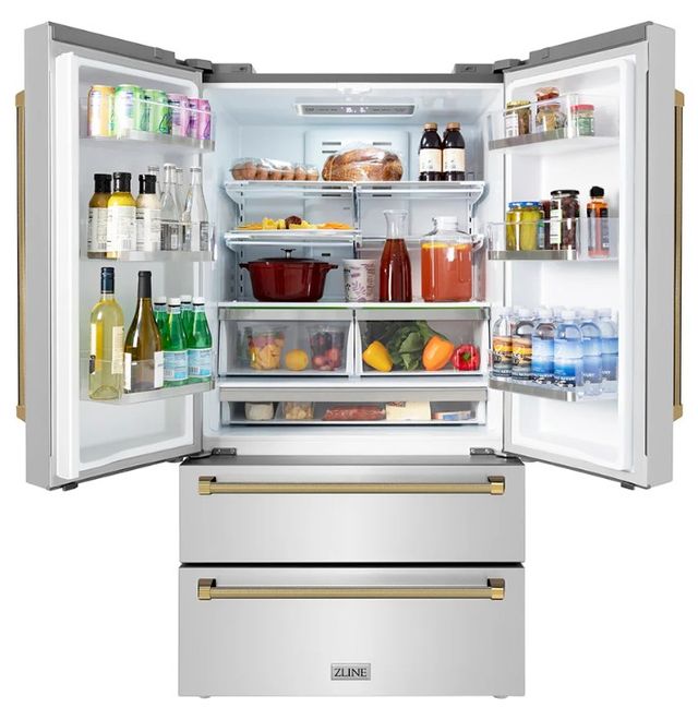 ZLINE Autograph Edition 36" 22.5 Cu. Ft. Fingerprint-Resistant Stainless Steel Counter Depth French Door Refrigerator with Ice Maker and Polished Gold Helix Handles-3