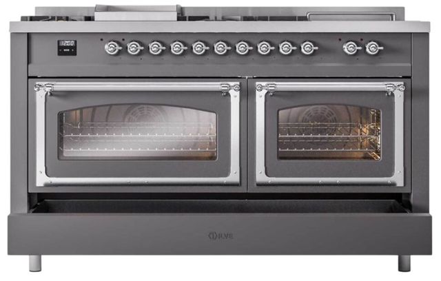 Ilve® Nostalgie II Noblesse 60'' Graphite Matte Pro Style Dual Fuel Range with Chrome Trim-3